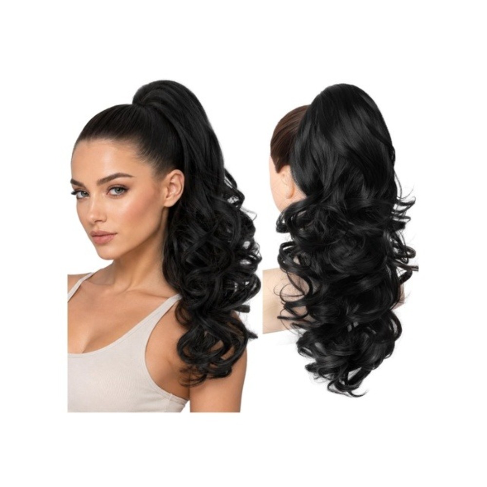 REECHO 18in Ponytail Extension Natural Black Wavy Synthetic Claw Clip Hairpiece
